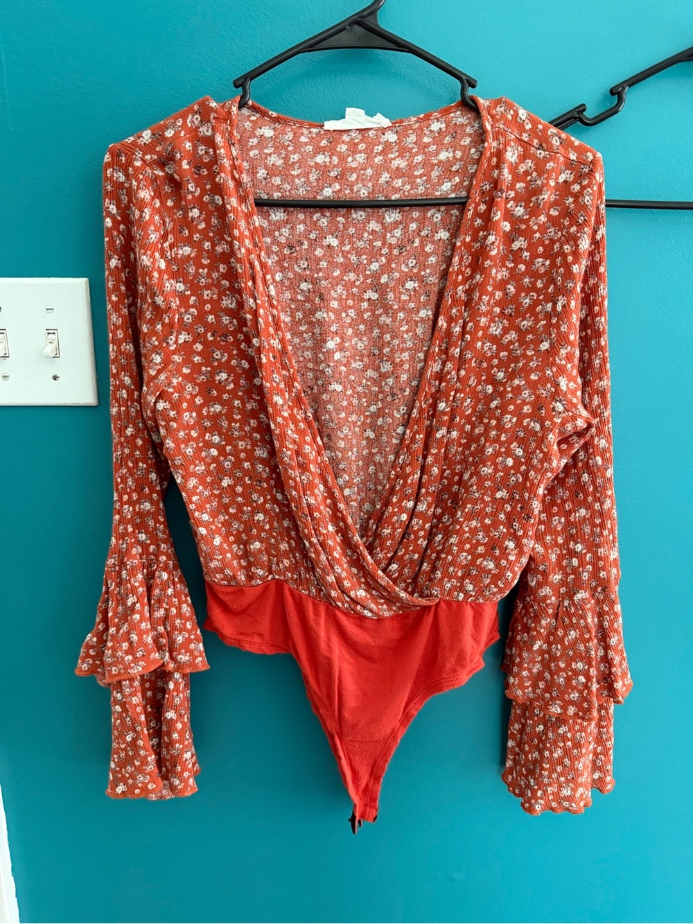 Peach Love California Rust-Orange Floral Wrap Front Kids One-Piece Bodysuit